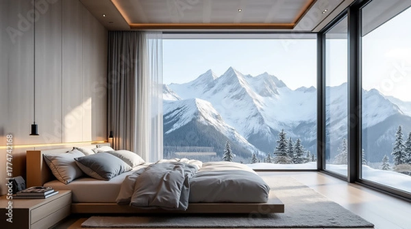 Obraz Modern bedroom with stunning mountain view during winter in a serene alpine setting