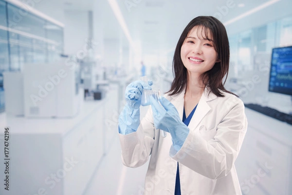 Obraz 実験室で試験管の薬品を扱う若い女性