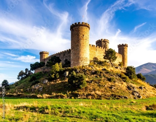 Fototapeta Ancient stone castle atop a grassy hill under a blue, cloudy sky
