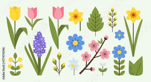 Fototapeta A vibrant collection of flat design spring flowers and plants, including tulips, daffodils, hyacinths, and cherry blossoms, on a light background.