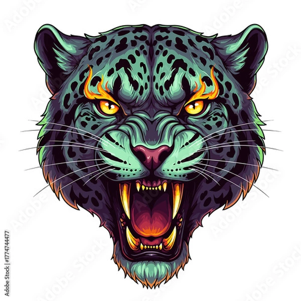 Fototapeta Fierce illustration of a jaguar's head, snarling and baring teeth with intense eyes.