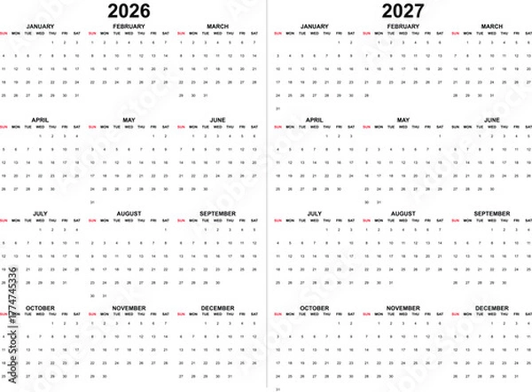 Fototapeta  Minimalist Calendar 2026 2027 – Clean Corporate Vector Template, Sunday Start, Editable Yearly Planner Design, Printable Two-Year Layout, Modern Office Wall Calendar