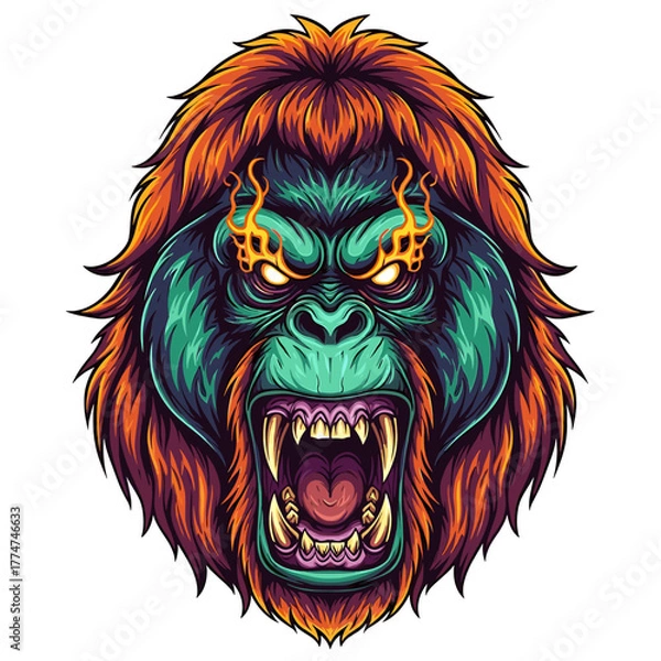 Obraz A vibrant illustration of a roaring gorilla with fiery eyes and open mouth.
