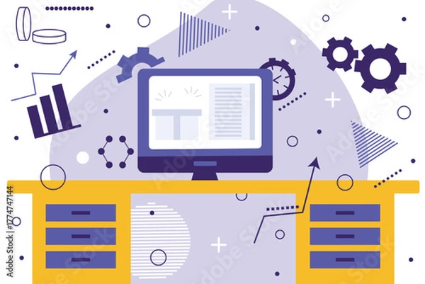 Fototapeta Modern flat vector illustration showing a computer on a desk with abstract elements,charts and gears symbolizing data analysis,technology and productivity.Clean and minimal design.