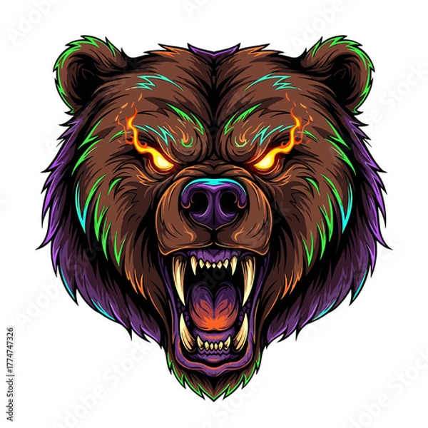 Fototapeta A fierce grizzly bear head with glowing eyes and snarling teeth, showcasing vibrant colors.