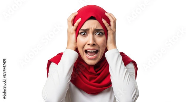 Obraz A young woman wearing a red hijab and white shirt expresses extreme distress and panic clutching her head in a moment of intense emotional turmoil isolated on transparent background
