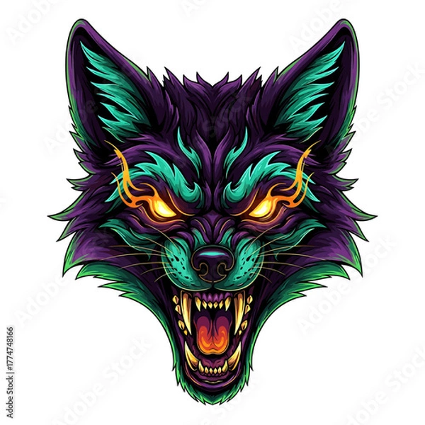 Obraz A stylized, colorful illustration of a snarling wolf head with glowing eyes and sharp teeth.