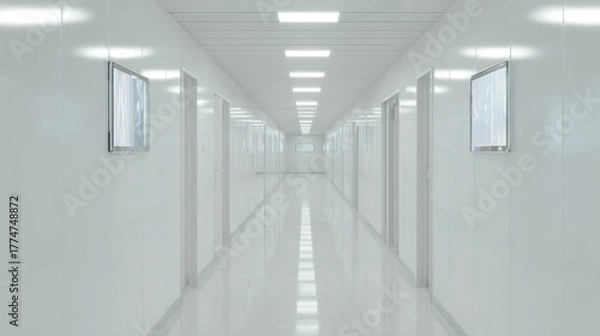 Fototapeta White Sterile Corridor In Modern Medical Facility. Clean And Minimalistic Design For Healthcare Environments