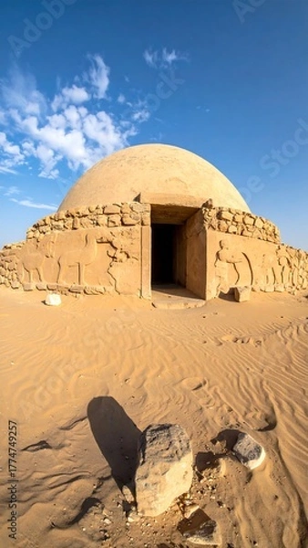 Fototapeta Ancient domed structure rises from sandy ground under a blue sky with white clouds