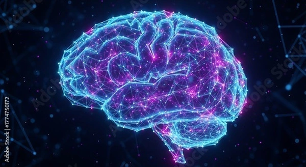 Obraz Blue abstract human brain x-ray scan illustrating intelligence, science, and technology with electrical energy and light