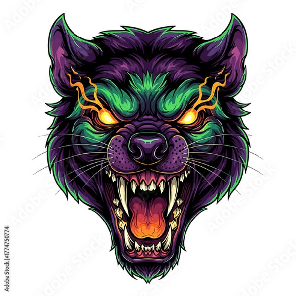 Obraz A fierce wolf head illustration with glowing eyes, bared teeth, and an aggressive expression.