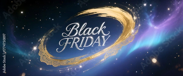 Fototapeta Elegant Black Friday Promotion with Golden Swirls and Night Sky Backdrop for Shopping Event Advertising and Seasonal Sales