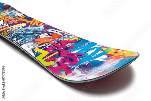 Fototapeta Vibrant snowboard with colorful graffiti art, perfect for winter sports enthusiasts and showcasing unique board designs at the snow resort or urban events