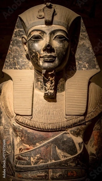 Fototapeta Ancient Egyptian pharaoh statue detailed from chest up, dark background, light angles, aged