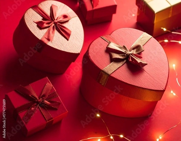Obraz Romantic Red Gift Boxes with Ribbons and Fairy Lights.