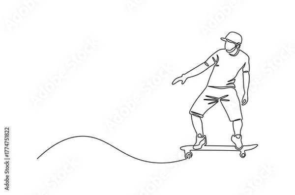 Fototapeta Continuous one line drawing of Young man skateboarding. Single line drawing illustration of Young guy rides skateboard and jumps. Street man concept vector art. Doodle line illustration.