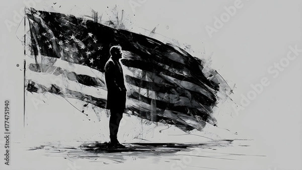 Obraz depicted with a prominent black and white illustration of the American flag