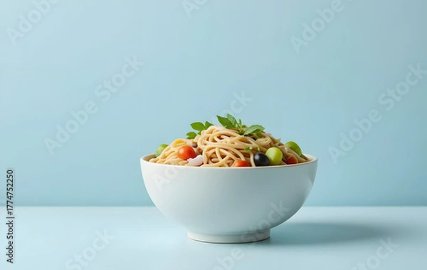 Fototapeta a light-colored bowl filled with noodles, vegetables, and herbs, placed against a soft pastel blue background. The composition is clean and modern