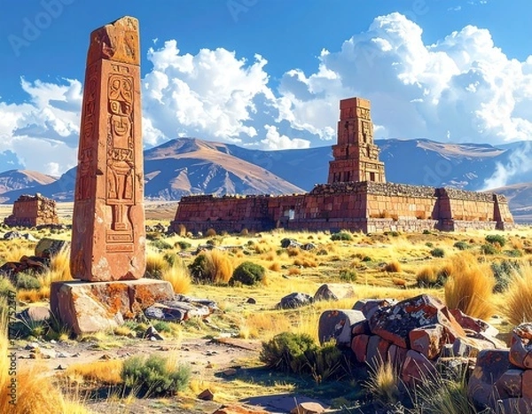 Fototapeta Ancient eroded stone ruins stand against a backdrop of rolling hills and blue, cloudy skies