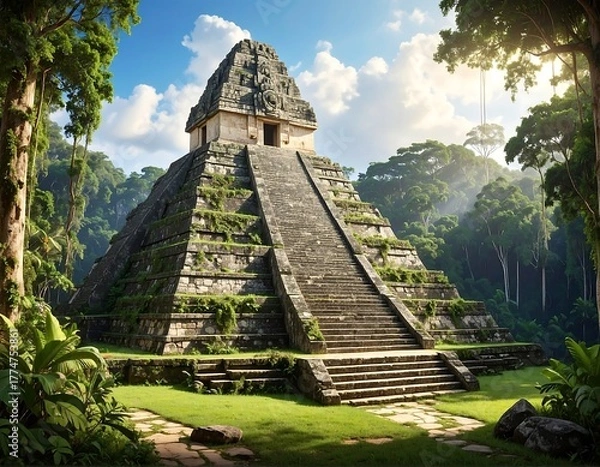 Fototapeta Ancient Mayan pyramid rises in a verdant jungle under a bright, cloudy blue sky