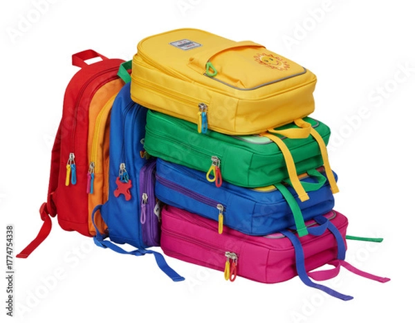 Obraz Stacked Pile of Multicolored Kids’ Backpacks — Playful Education Concept.