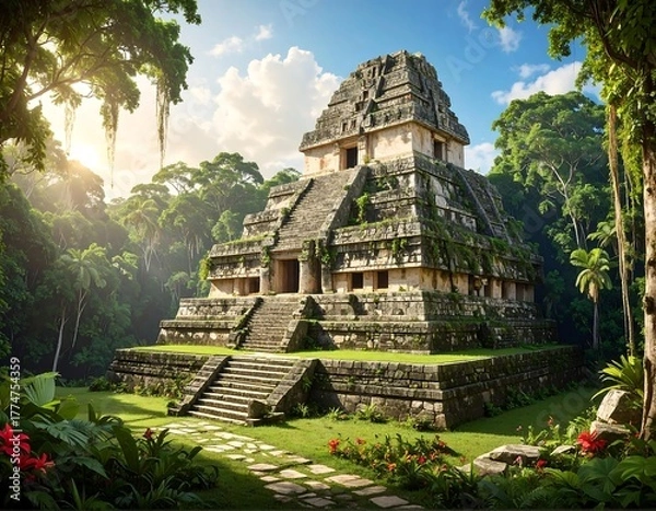 Fototapeta Ancient pyramid in jungle clearing; stone steps lead up to tiered structure
