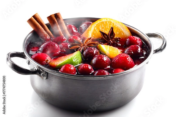 Fototapeta Festive cranberry citrus holiday punch simmering with cinnamon sticks and star anise, offering warmth and cheer, perfect for cozy winter gatherings