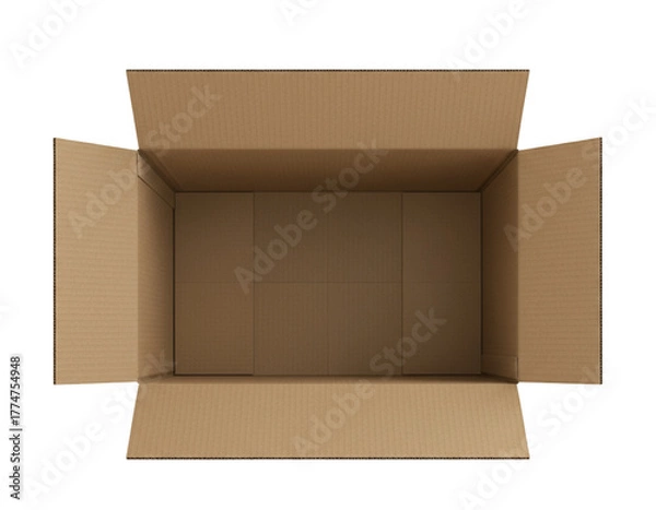 Obraz Top View of Opened Kraft Box — Empty Packaging Mockup Isolated on Transparent.