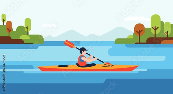 Fototapeta Flat Style Kayaking Adventure on a Lake with Mountain Landscape