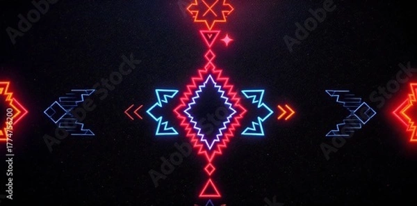 Fototapeta Digital art of a glowing neon tribal pattern with geometric shapes on a dark background.