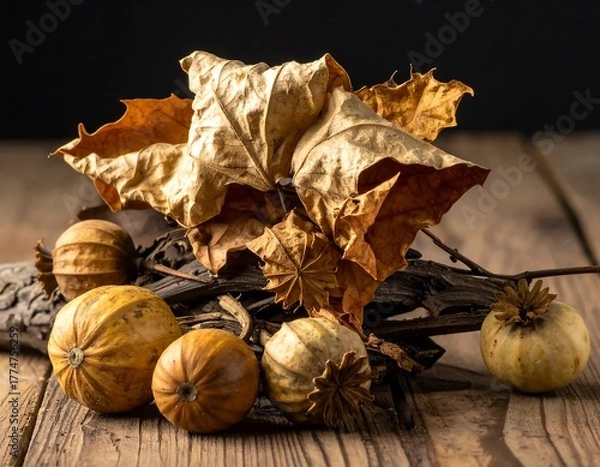 Obraz Autumn Still Life with Dried Leaves and Seed Pods.