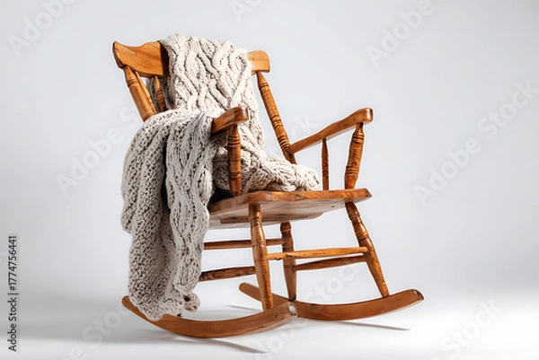 Fototapeta Inviting rocking chair draped with cozy knit throw, ideal for creating a warm and comforting atmosphere in home decor and lifestyle designs