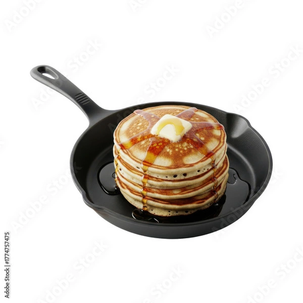 Obraz Stack of pancakes with butter and syrup in a black skillet against a transparent background