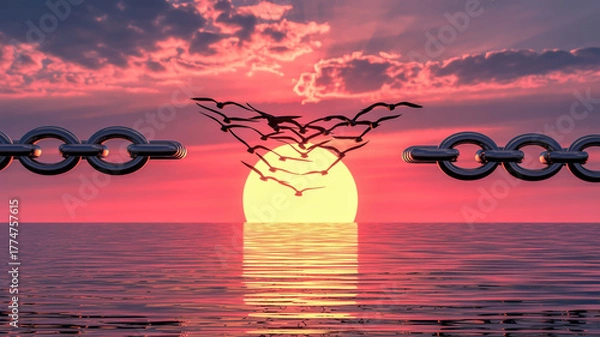 Fototapeta Flock of birds breaking free from chains at sunset over ocean