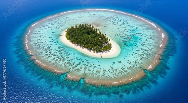 Fototapeta Island Oasis in Azure Waters: A secluded, tropical island, surrounded by a vibrant coral reef, sits serenely amidst the vast expanse of the deep blue ocean. It's a paradise.