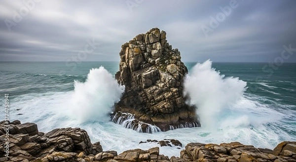 Fototapeta Ocean Fury: A dramatic display of nature's power unfolds as massive waves crash against a solitary rock formation in the vast ocean under a stormy sky, embodying the raw energy of the sea.