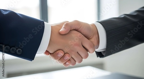 Fototapeta Handshake of Agreement: A close-up view captures the moment of a handshake between two professionals, symbolizing trust, collaboration, and a successful agreement. 