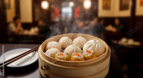 Fototapeta Steaming Dim Sum Delights: An enticing close-up of a bamboo steamer, filled with fluffy dumplings and savory dim sum, releasing fragrant steam.