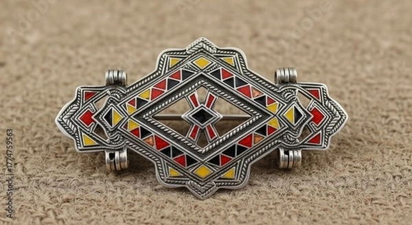 Fototapeta Photograph of a vintage silver brooch with a colorful geometric enamel design on burlap.