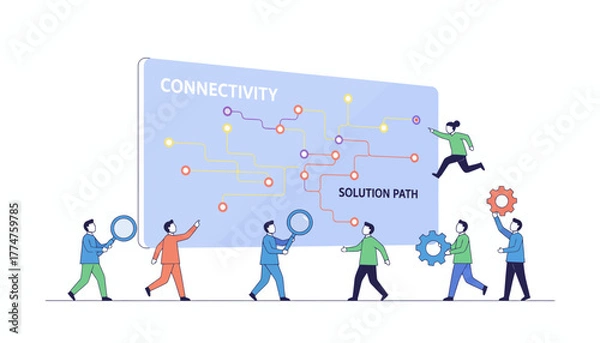 Fototapeta Solution Path Strategy and Digital Connectivity Analysis. Team Working to Map Networked Data Flow.
