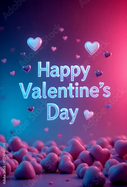 Fototapeta Romantic Valentine’s Day greeting with glowing neon text and floating 3D hearts on a dreamy pink-blue background. Cute love celebration scene perfect for holiday cards, romantic messages, and festive 