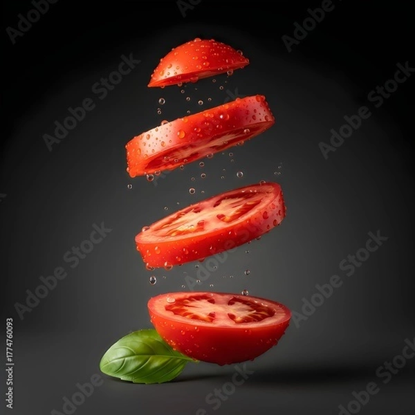 Fototapeta Photograph of a fresh sliced tomato levitating with water drops on a dark background.