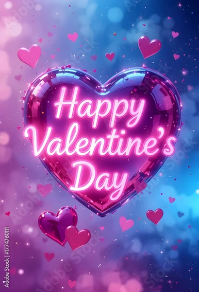 Fototapeta Bright 3D heart with glowing neon “Happy Valentine’s Day” text, surrounded by floating pink hearts and sparkling bokeh lights. Romantic festive background perfect for Valentine’s greeting, love celebr