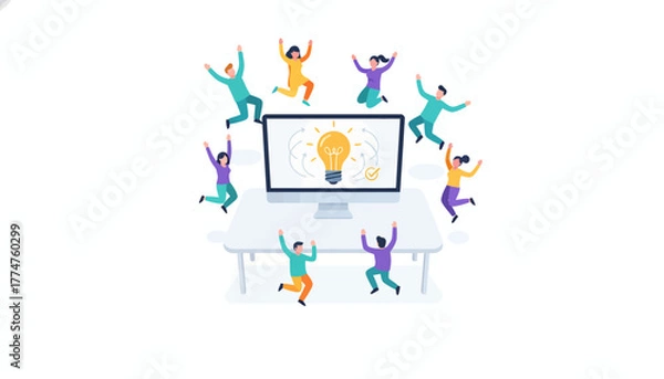 Fototapeta Team Celebration of a Brilliant Idea Breakthrough: Diverse Group Jumps in Excitement Around a Monitor Displaying a Lightbulb Icon.