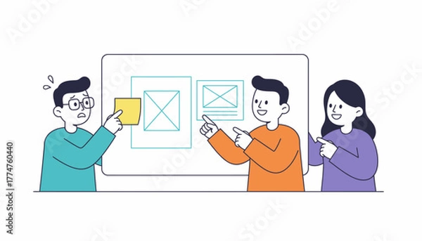 Fototapeta UX Design Team Brainstorming and Collaboration, Reviewing Wireframes and Sticky Notes in a Project Planning Meeting