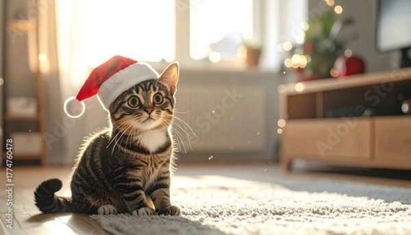 Obraz Tabby kitten wearing a red santa hat sits on a fluffy white rug in a sunlit room with bokeh christmas lights in the background