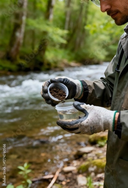 Fototapeta Photograph of an environmental scientist collecting a soil sample by a forest river.