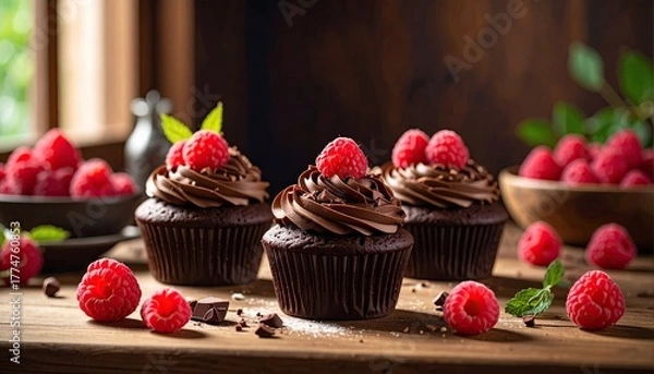 Obraz Three Decadent Chocolate Cupcakes Topped With Creamy Frosting and Fresh Raspberries Arranged On A Wooden Table With A Blurred Natural Background During Golden Hour