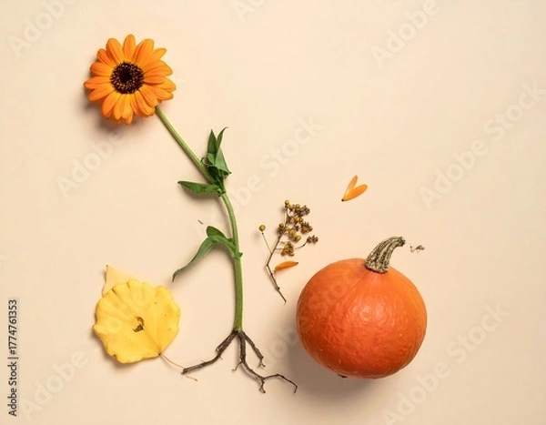 Obraz Autumnal Still Life - Pumpkin, Flower, and Dried Elements.
