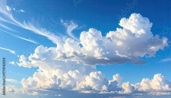 Fototapeta Vast Blue Sky With Wispy Cirrus Clouds And Fluffy Cumulus Clouds Illuminated By Golden Sunlight During Daytime